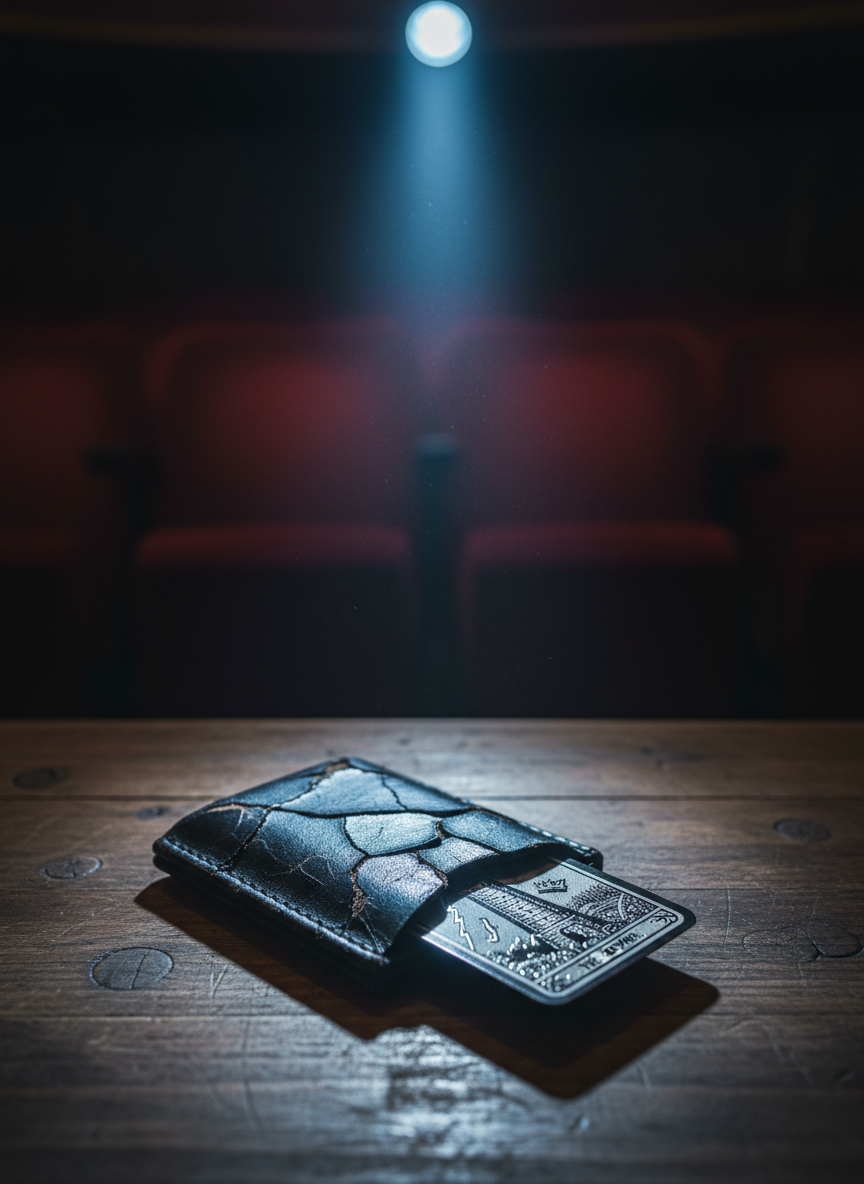 A worn, matte-black tarot card case made of cracked leather rests on a solitary wooden table in a dim, empty theater. A single card, The Tower, lies half-pulled from the case, its illustration rendered in intricate silver foil that catches the scant light. Overhead, a lone stage spotlight casts a narrow cone of cold, bluish-white light, leaving the plush red seats in the background to dissolve into shadowy blur. The photographic realism emphasizes dust motes hanging in the air and faint scratches in the table’s surface. Shot at eye level with shallow depth of field, the image feels cinematic, tense, and anticipatory, embodying the dark, fateful mood of an audio drama where destiny is about to be decided.