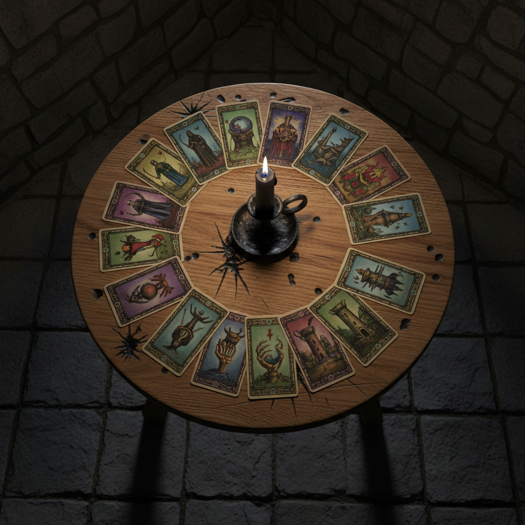 A circular oak table, its surface scarred with knife marks and candle burns, stands alone in a dark, stone-walled chamber. At its center, a meticulously arranged spread of tarot cards fans out in a perfect arc, each card illustrated with detailed, ominous artwork and muted jewel tones. A single black candle in a wrought-iron holder burns low, its flame the only light source, casting jittery, elongated shadows that stretch across the cards and onto the rough stone floor. Shot from directly above in photographic realism, the composition feels ritualistic and fateful. The atmosphere is heavy, silent, and expectant, as though the next card turned will seal an irreversible destiny chosen by the audience.