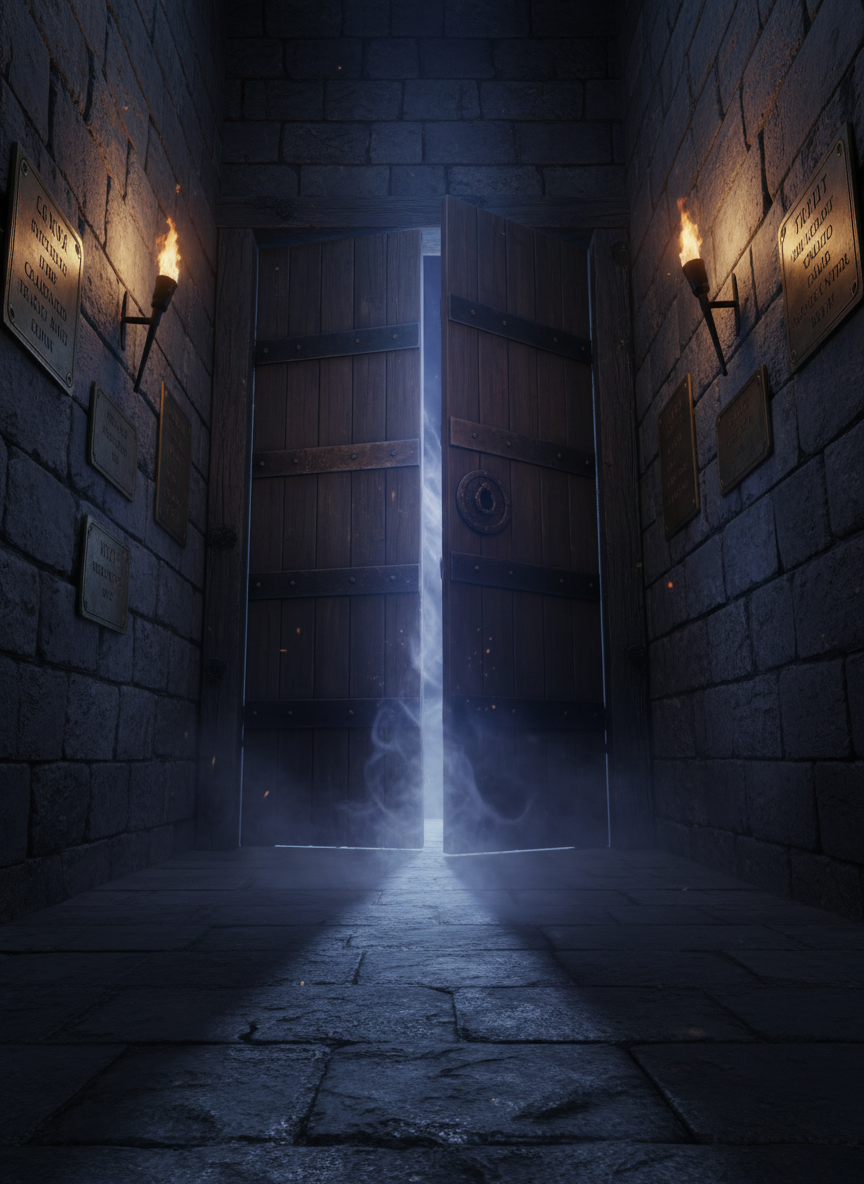 A heavy, antique wooden door, reinforced with dark iron bands and a circular keyhole, stands slightly ajar at the end of a narrow, torch-lit corridor. From the widening crack spills a faint, spectral glow of deep indigo and smoky violet, curling like mist along the cold stone floor. The corridor’s walls are lined with tarnished brass plaques, each engraved with cryptic symbols and arcane titles, fading into darkness. Warm, flickering torchlight competes with the unnatural cool glow, creating a striking contrast and dramatic shadows. Captured in photographic realism from a low, approaching angle, the composition pulls the viewer toward the opening, evoking the sense of an unseen story and branching paths waiting just beyond the threshold.