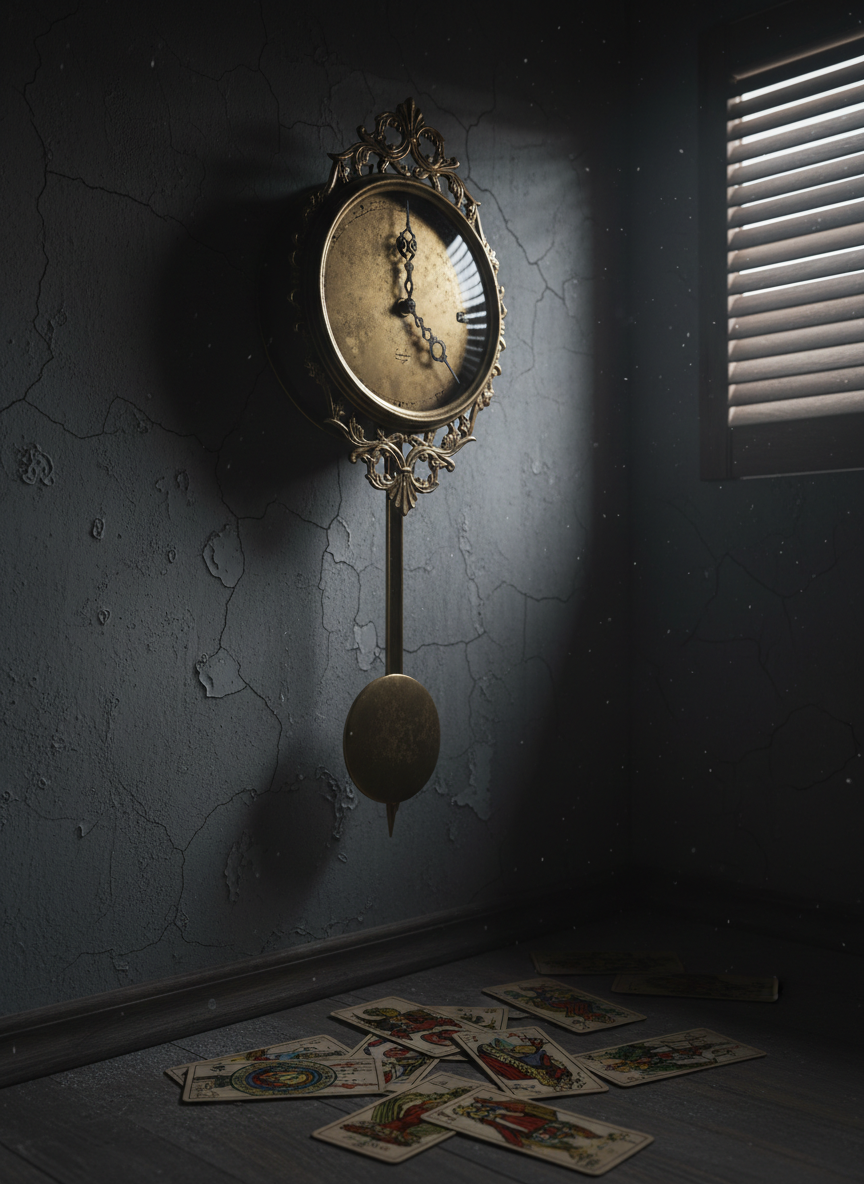 A vintage brass pendulum clock hangs crooked on a cracked, charcoal-gray wall, its glass face missing. The exposed hands are warped and frozen between seconds, while the pendulum below hangs perfectly still above a scattering of tarot cards on the floor, illuminated by a thin shaft of moonlight cutting through half-closed shutters. Dust particles glitter in the cold beam, leaving the rest of the room in deep shadow. Photographic realism highlights the scratched metal, peeling paint, and frayed card edges. Shot with a shallow depth of field and slightly tilted framing, the image feels disorienting, suspended between moments. The mood is dark, uncanny, and suspenseful, embodying the idea that time, chance, and fate are all locked in a single, chilling instant.