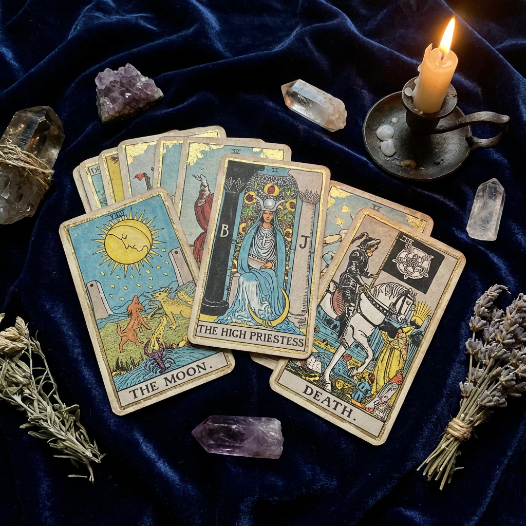 Tarot cards, crystals, and a lit candle on dark blue velvet.